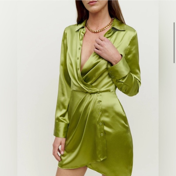 NWT Reformation Alaine Silk Long Sleeve Mini Wrap Dress in Avacado Green -Size 0 - Picture 2 of 10